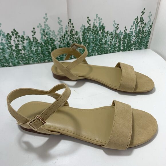 J. Crew Factory Ankle Strap Flat Tan Khaki Faux Suede Strappy Sandals Size 7 EUC - Picture 4 of 16